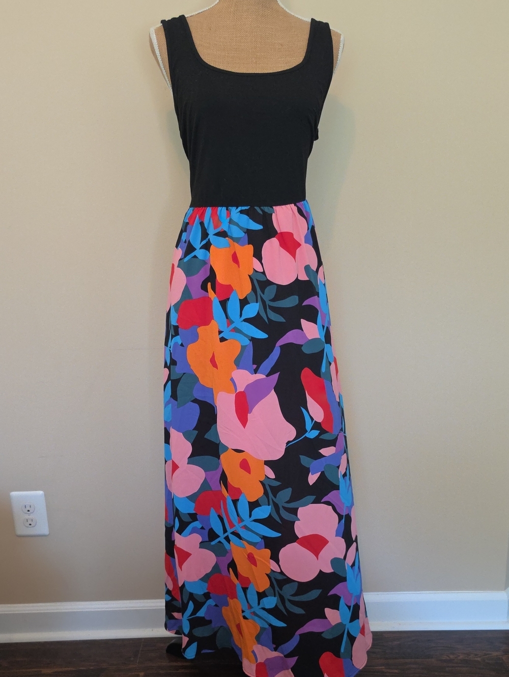 Black Floral Maxi Skirt Dress with Colorful Bloom Print